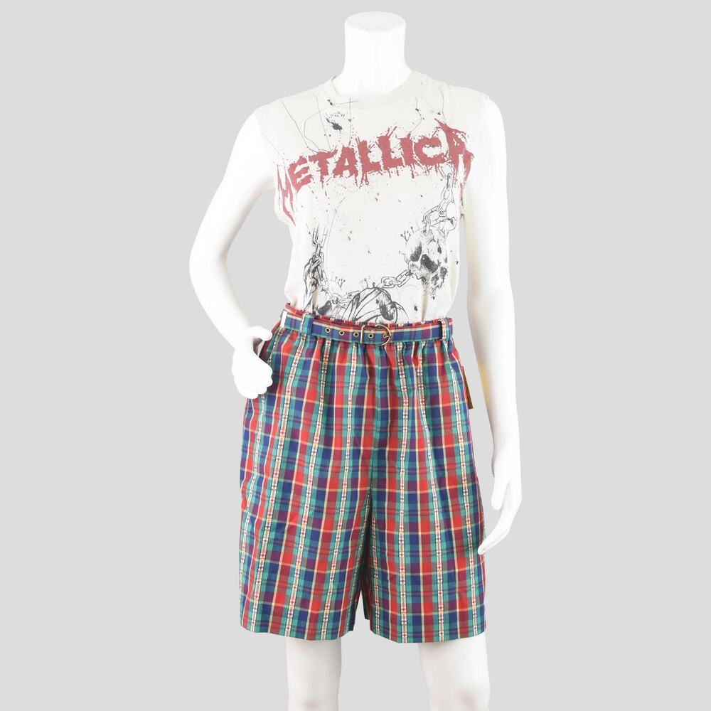 80s High Waisted Plaid Bermuda Belted Shorts Women's Size 12, 28" Waist